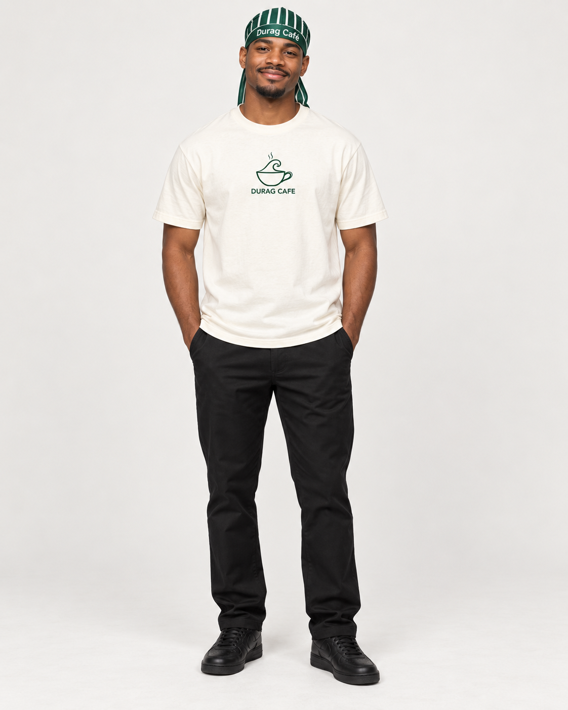 Durag Café team member in branded t-shirt and durag